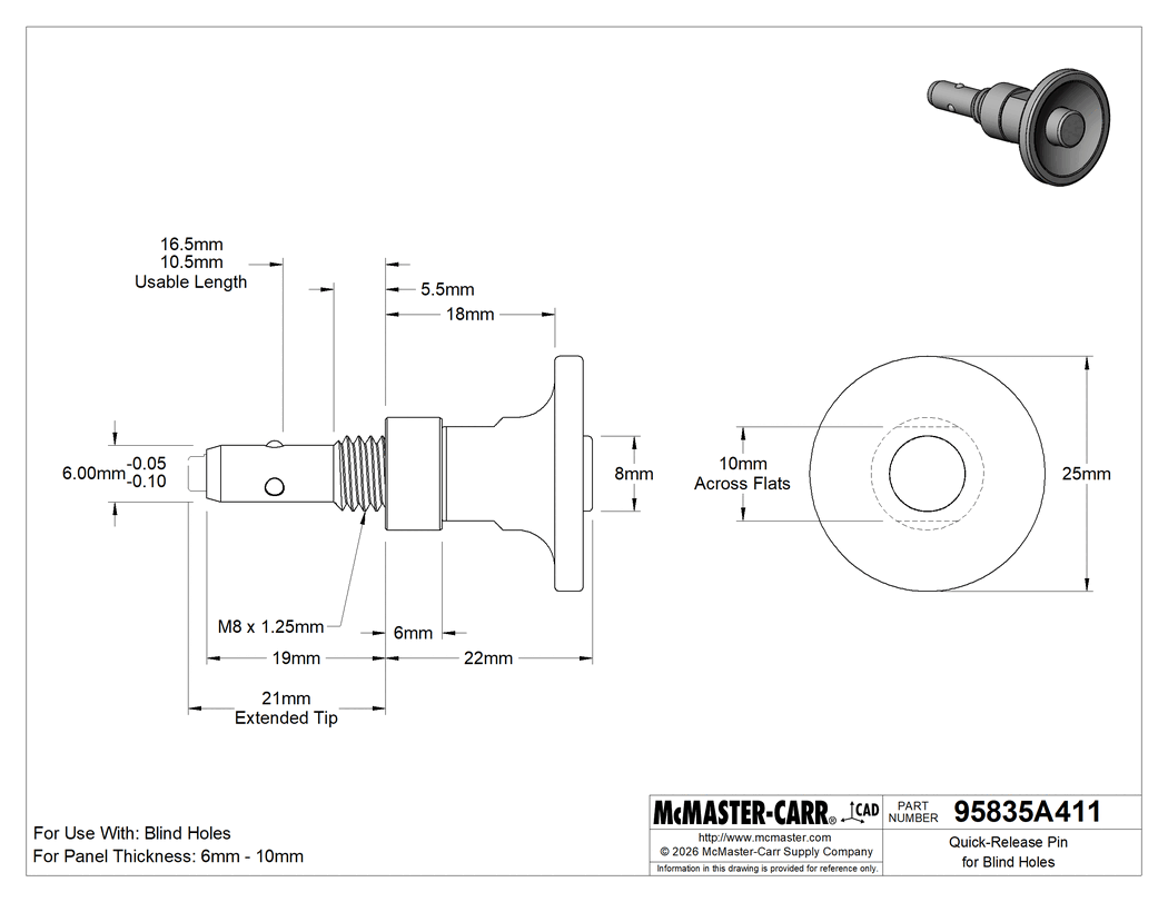 Technical Drawing of Quick-Release Pin for Blind Holes, Recessed Push Button, 6 mm Diameter.